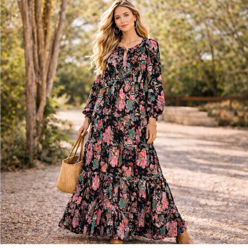 🆕 House of Harlow 1960 Lillie Black Floral Tiered Maxi Dress M